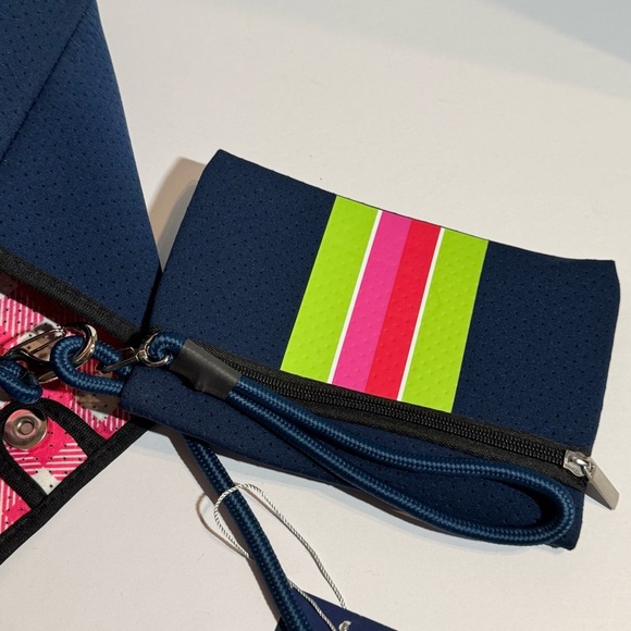 Taylor Gray Melissa Perforated Navy w/Pink Lime Green Stripe Neoprene Tote NEW - Picture 10 of 13